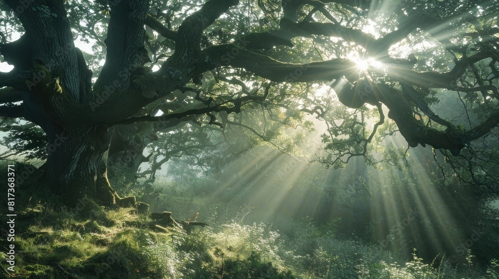 Sunbeams filtering through the branches of ancient trees, casting intricate patterns of light and shadow on the forest floor below.