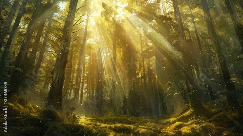 Sunbeams filtering through the branches of a dense forest  casting a golden glow on the moss-covered ground below.