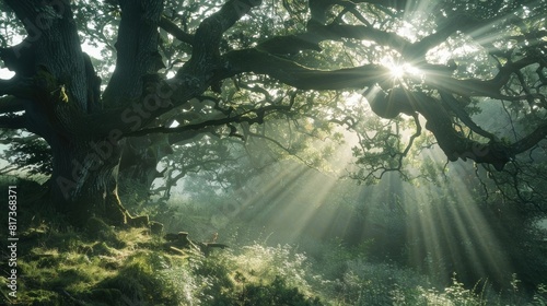 Sunbeams filtering through the branches of ancient trees, casting intricate patterns of light and shadow on the forest floor below. © Sardar