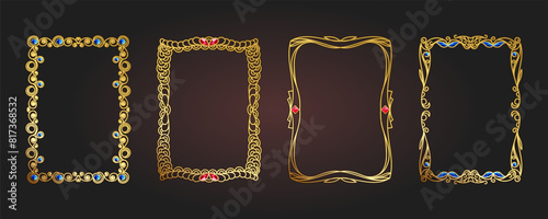 A set of gold frames inlaid with stones. Engraved golden frames with plant art and floral elements, doodle swirls and hand drawing. Exquisite a4 vector frame template for your project, check them out.
