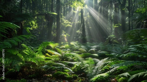 Sunbeams filtering through the dense foliage of an ancient forest  casting a warm glow on the fern-covered forest floor below.