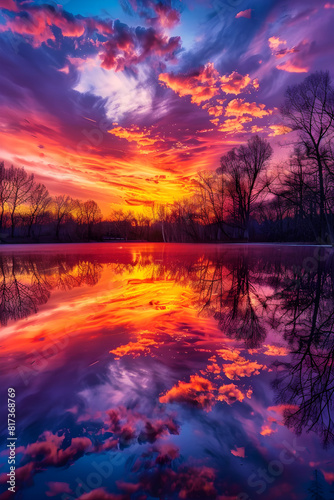 A Fiery Sunset Over Tranquil Waters: An Ethereal Symphony of Colors © Jean
