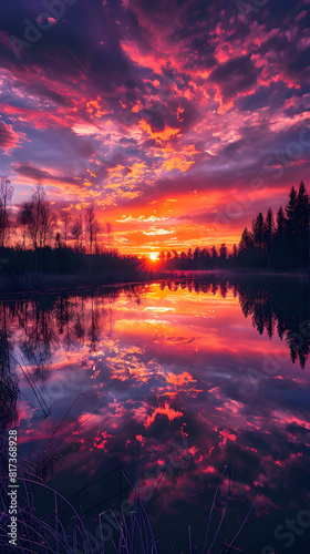 A Fiery Sunset Over Tranquil Waters: An Ethereal Symphony of Colors