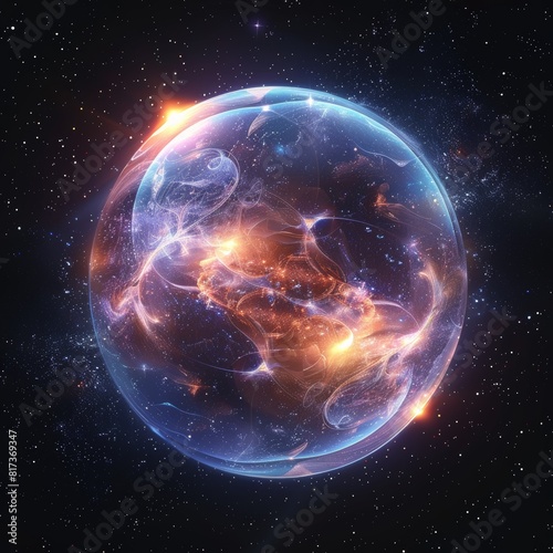 Stunning depiction of an ethereal glowing cosmic sphere floating in deep space  vibrant colors of blue  orange  and purple electrify the dark universe.