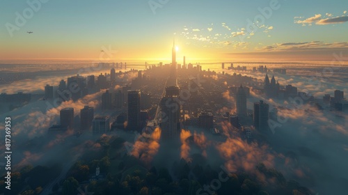 Stunning Aerial View of a Metropolis at Sunrise Enveloped in Morning Fog  Capturing the Magical Urban Skyline and Radiant Sunlight