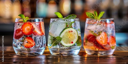 Vibrant cocktail display featuring garnished glasses with fresh strawberries, lime, mint leaves on wooden table in dimly lit bar setting. photo