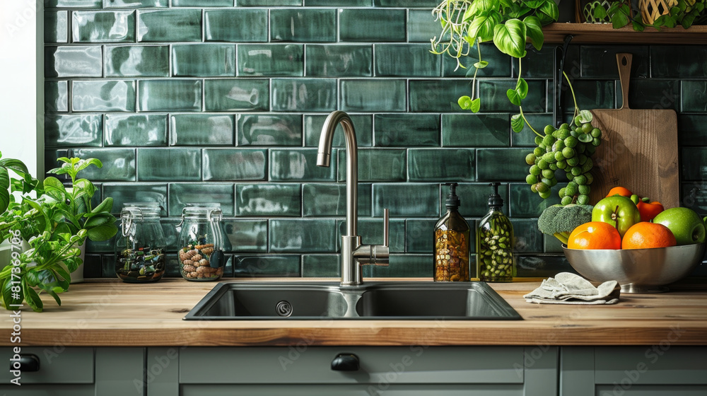 kitchen backsplash ideas, incorporating green subway tiles in a white ...