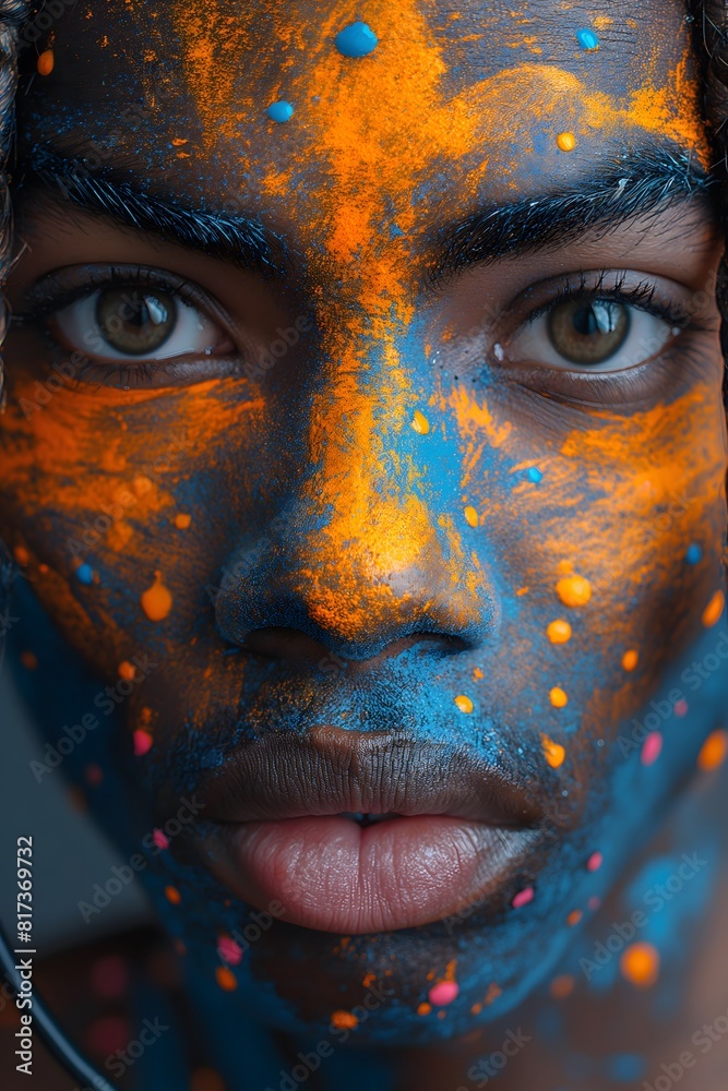 Portrait shooting face, Headphones, screeming, intrecate face details, face tattos and paintings, super vibrant matt colors Portrait shooting face, Headphones, screeming, intrecate face details, face tattos and paintings, super vibrant matt colors