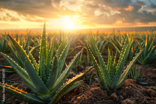 Plantation of aloe vera. Cultivation of aloe vera, plant used for healthy, medicine, cosmetics, skin care. Copy space