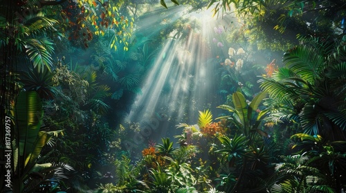 Sunlight filtering through the dense canopy of a tropical rainforest  illuminating a vibrant tapestry of flora and fauna below.