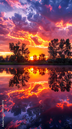 A Fiery Sunset Over Tranquil Waters: An Ethereal Symphony of Colors