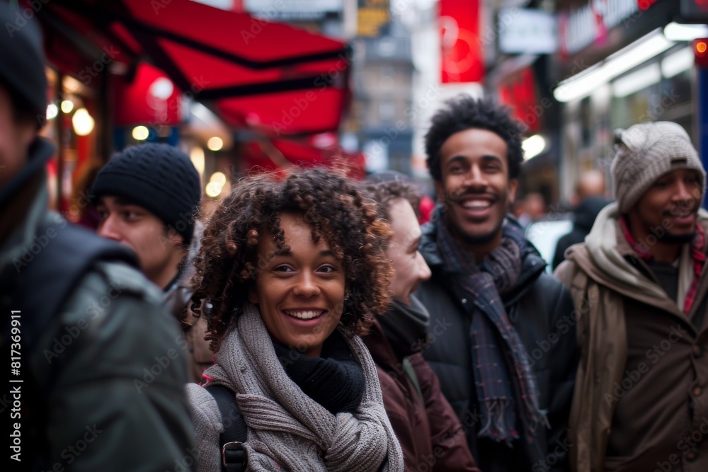 Group of friends walking in the street in New York, USA. Group of friends walking in the street in New York, USA.