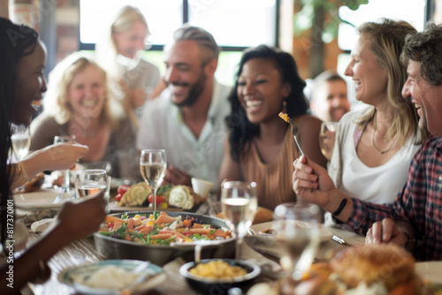 A group of individuals sharing laughter and memories over a steaming potluck dinner. Concept of camaraderie and friendship. Generative Ai.