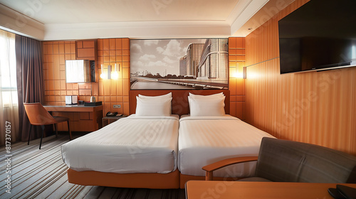 Modern Hotel Room Featuring Twin Beds with Crisp White Linens, Elegant Wooden Decor, and a Large Window Allowing Natural Light to Fill the Space