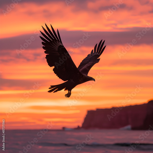 Dramatic Moments: Silhouette of an Eagle Soaring Against a Sunset Sky