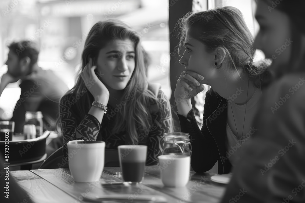 Friends engrossed in a lively debate at a cozy café, hands gesturing animatedly as they discuss diverse viewpoints. Concept of intellectual exchange and discourse. Generative Ai. Friends engrossed in a lively debate at a cozy café, hands gesturing animatedly as they discuss diverse viewpoints. Concept of intellectual exchange and discourse. Generative Ai.