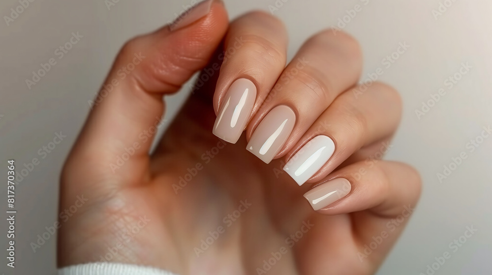 Close-Up of a Hand with Perfectly Manicured Nude-Colored Nails, Showcasing Elegance and Beauty in a Simple, Minimalistic Style Close-Up of a Hand with Perfectly Manicured Nude-Colored Nails, Showcasing Elegance and Beauty in a Simple, Minimalistic Style
