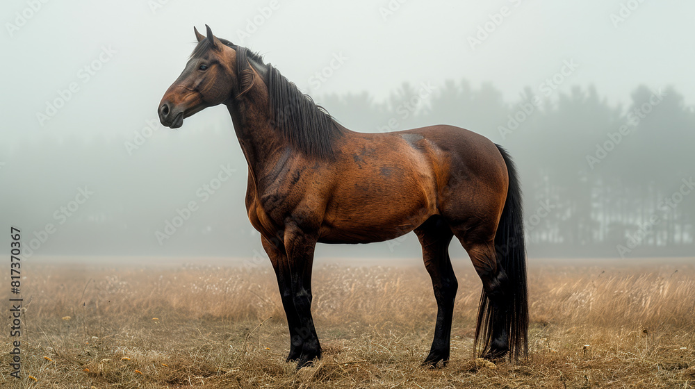 an image of a beautiful wild horse with a beautiful posture, standing in a field, beautiful landscape. an image of a beautiful wild horse with a beautiful posture, standing in a field, beautiful landscape.