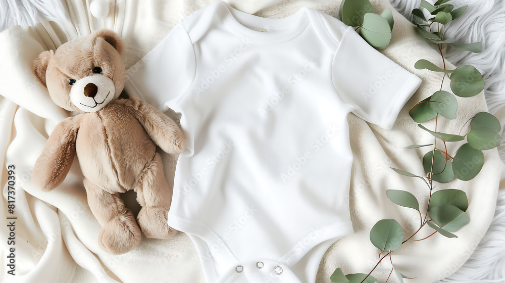 Cozy White Baby Onesie with a Plush Teddy Bear and Greenery, Arranged on a Soft Blanket for a Heartwarming and Adorable Display Cozy White Baby Onesie with a Plush Teddy Bear and Greenery, Arranged on a Soft Blanket for a Heartwarming and Adorable Display