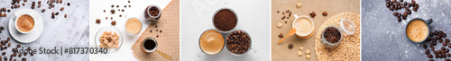 Collage of hot coffee and beans  top view