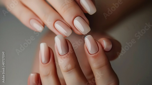 Close-Up of a Hand with Perfectly Manicured Nude-Colored Nails  Showcasing Elegance and Beauty in a Simple  Minimalistic Style