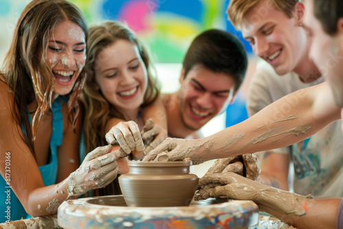 Friends gathered around a potter's wheel, shaping clay together and laughing at their attempts to create pottery masterpieces. Concept of creativity and artistic expression. Generative Ai.