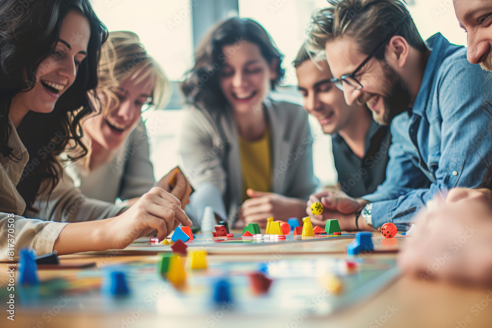 Fototapeta premium Companions gathered around a tabletop game, strategizing and joking as they engage in friendly competition. Concept of amusement and togetherness. Generative Ai.