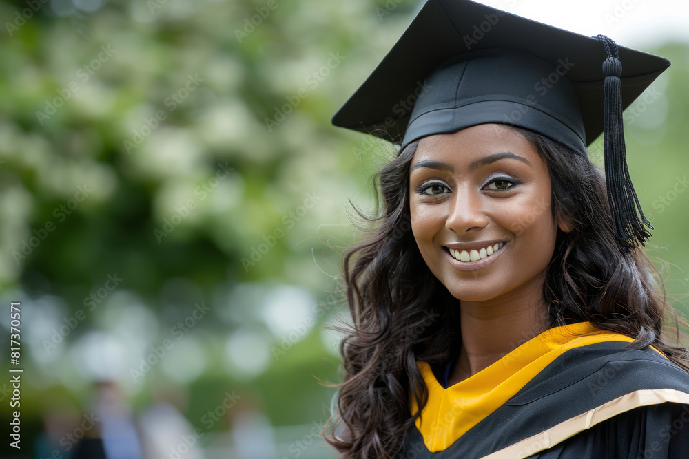 Happy diverse multiracial female graduate student in cap and gown with sunny bokeh background Happy diverse multiracial female graduate student in cap and gown with sunny bokeh background