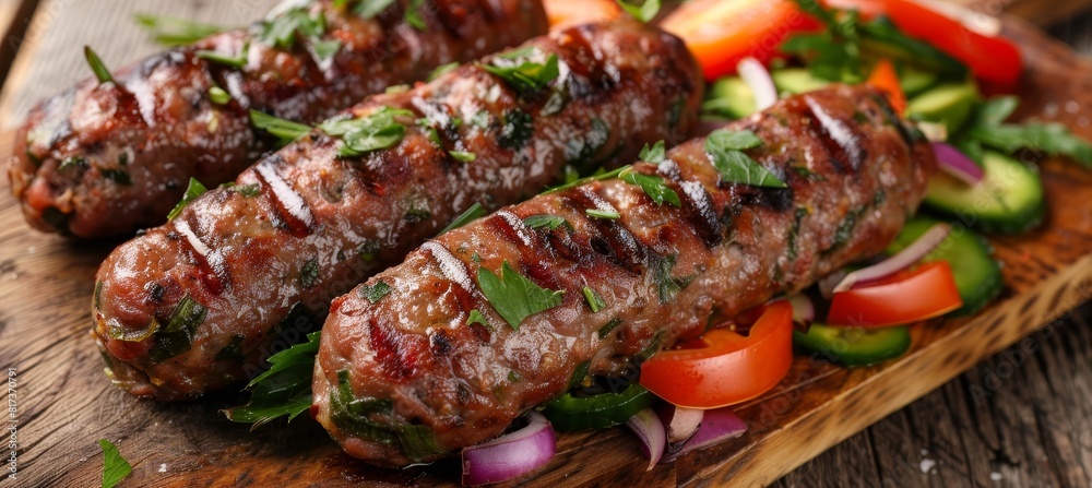 Grilled pork sausage and assorted vegetables displayed on a charming rustic wooden platter