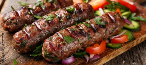 Grilled pork sausage and assorted vegetables displayed on a charming rustic wooden platter