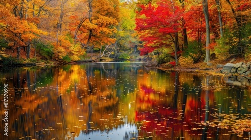 Vibrant autumn foliage reflected in the glassy surface of a tranquil pond, a mirror image of seasonal splendor.