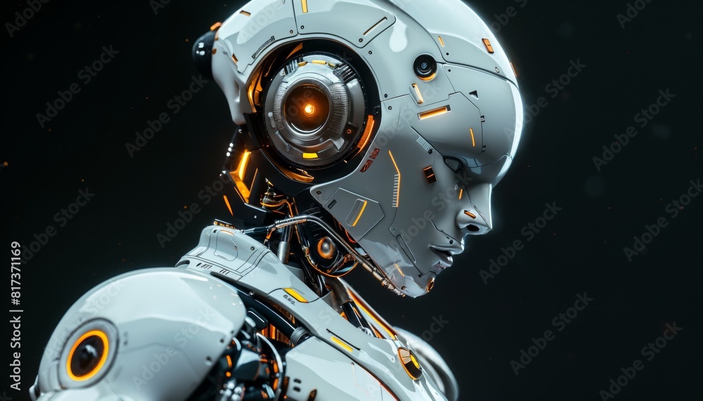Fototapeta premium Humanoid robot fixing a complex engine, its diagnostic sensors identifying needed repairs.