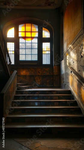 A staircase in an old building with windows.