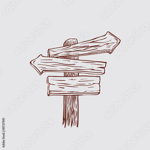 Retro wooden signpost sketch in engraved style on white background. Hand drawn vector poster.