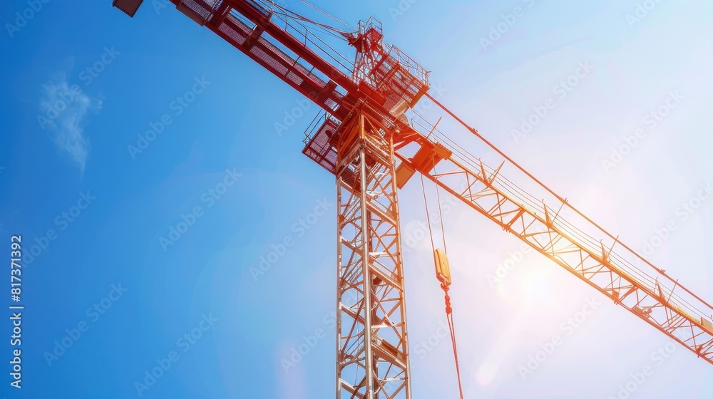 A crane is standing tall in the sky with a blue sky behind it