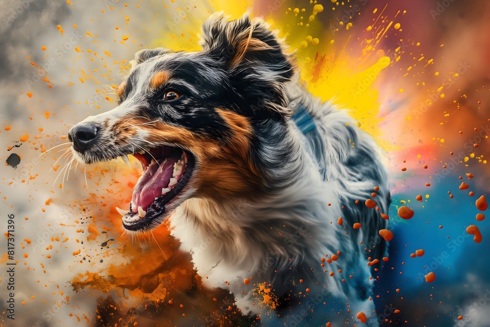 A australian shepherd in full roar, charging forward with a fierce expression. The image is captured in a dynamic colours. Splashes and splatters A australian shepherd in full roar, charging forward with a fierce expression. The image is captured in a dynamic colours. Splashes and splatters
