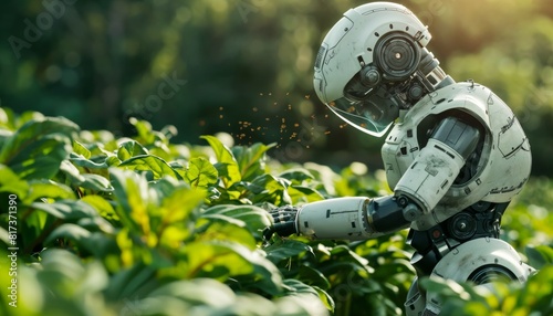 Humanoid robot harvesting crops on a farm using advanced agricultural programming.