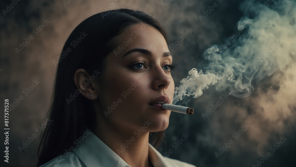 Obraz premium Stop smoking cigarettes concept. Portrait cigarette in mouth. Background surrounded with smoke. quitting smoking cigarettes. 31 May, Quit bad habit, health care concept