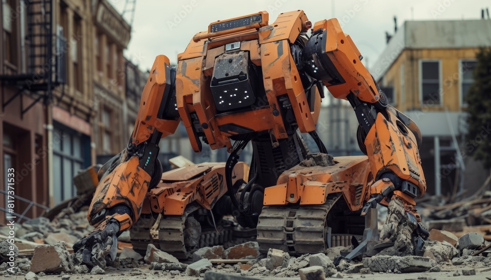 Humanoid robot inspecting structural damage after an earthquake with high-precision scanning. Humanoid robot inspecting structural damage after an earthquake with high-precision scanning.