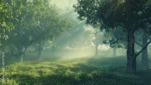 Wisps of morning fog enveloping a tranquil forest glade, a serene haven untouched by time.