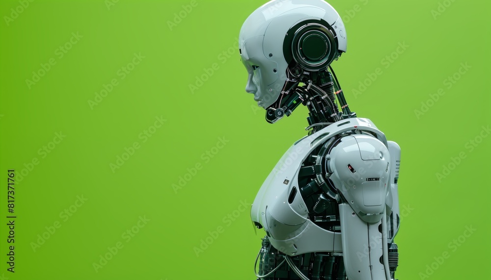Humanoid robot on a vibrant green background. Global robotic sustainable energy solutions for a greener tomorrow. Humanoid robot on a vibrant green background. Global robotic sustainable energy solutions for a greener tomorrow.