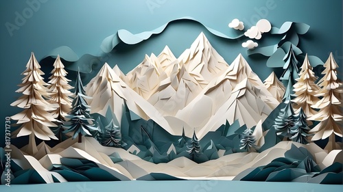 A snow-covered mountain winter landscape featuring fir trees. paper origami in three dimensions. Text space, winter, Christmas, and festivities