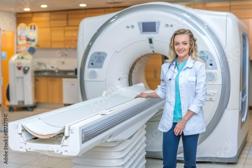 Woman receiving magnetic resonance imaging scan in advanced medical clinic setting