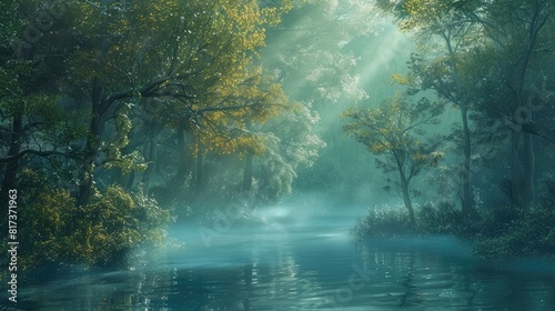 Wisps of morning mist drifting through a tranquil forest  wrapping the landscape in a soft embrace.