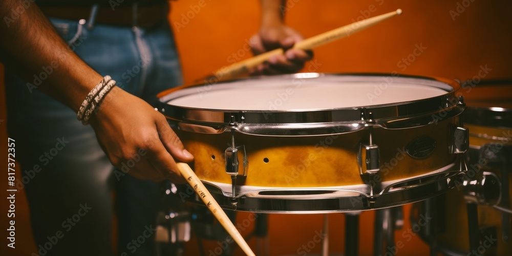 Man playing the snare drum on a beautiful colored background Man playing the snare drum on a beautiful colored background