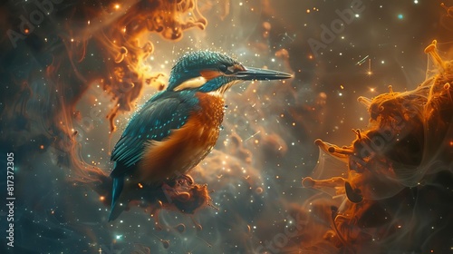 Interstellar medium as seen through the eyes of a kingfisher, merging wildlife with cosmic phenomena, surreal beauty © Nawarit