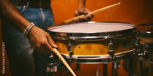 Man playing the snare drum on a beautiful colored background