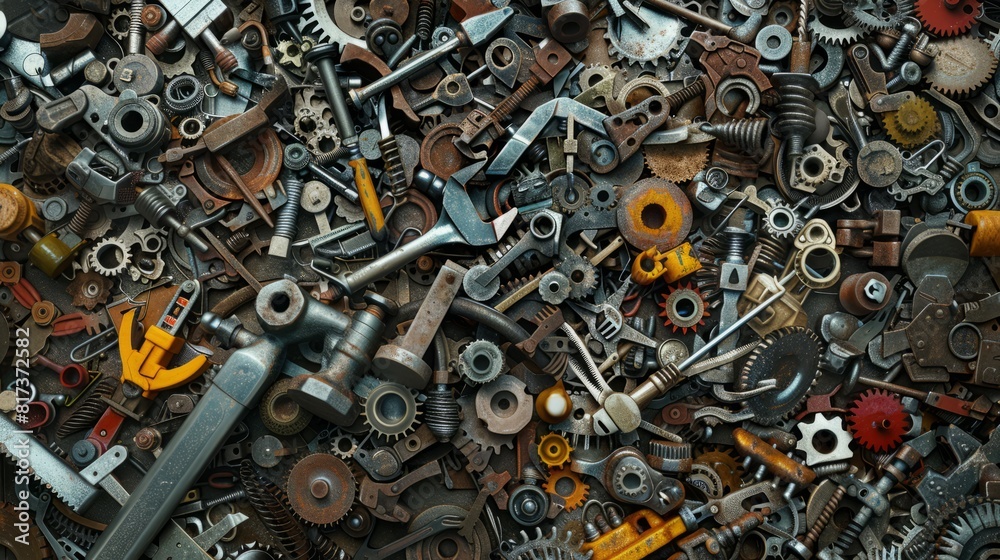 densely packed collage of tools, machinery, gears, hammers, circular saws, drills densely packed collage of tools, machinery, gears, hammers, circular saws, drills