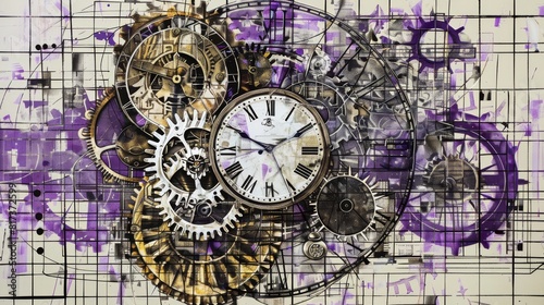 Abstract watercolor clock with gears for futuristic designs