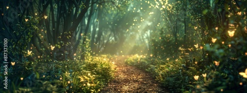 A mystical, enchanted forest path background with glowing plants and magical light.